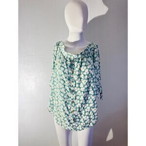 IZ Byer Green Daisy Floral Off-Shoulder Button Blouse | Size L